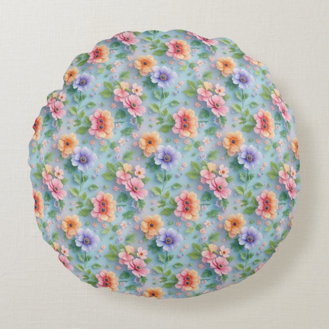 Large Colourful Paper Flowers Round Cushion (Front)