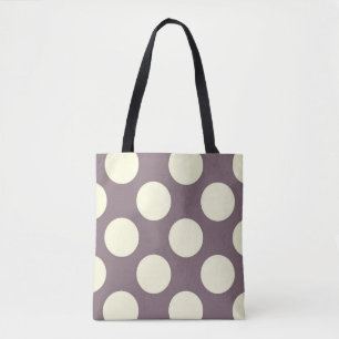 Large cream polka dots circles on purple tote bag