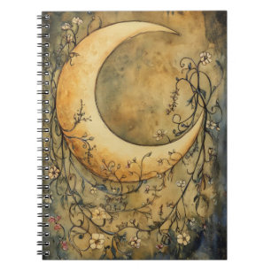 large crescent moon surrounded by delicate floral  notebook