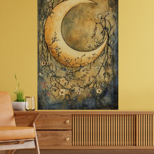 large crescent moon surrounded by delicate floral poster