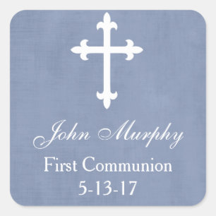 Large Cross Favour Tag, Blue Square Sticker