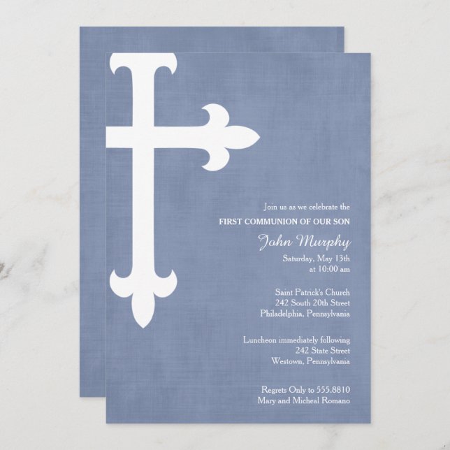 Large Cross Religious Invitation, Blue Invitation (Front/Back)
