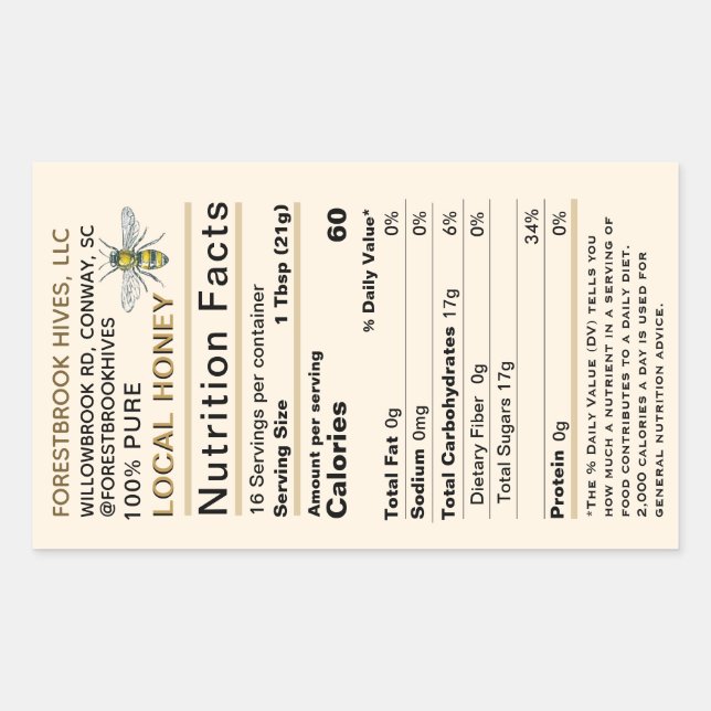 Large Custom Honey Nutrition Label with Bee Gold (Front)