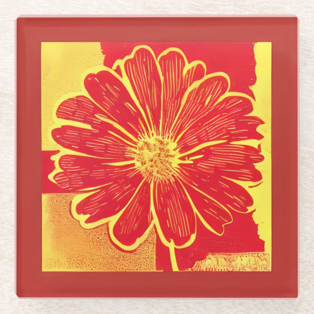 Large Daisy Aster in Red, Yellow and Saffron Glass Coaster (Front)