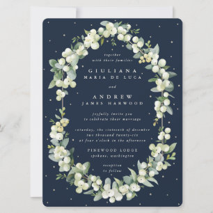 Large Dark Navy Snowberry+Eucalyptus Wedding Invitation