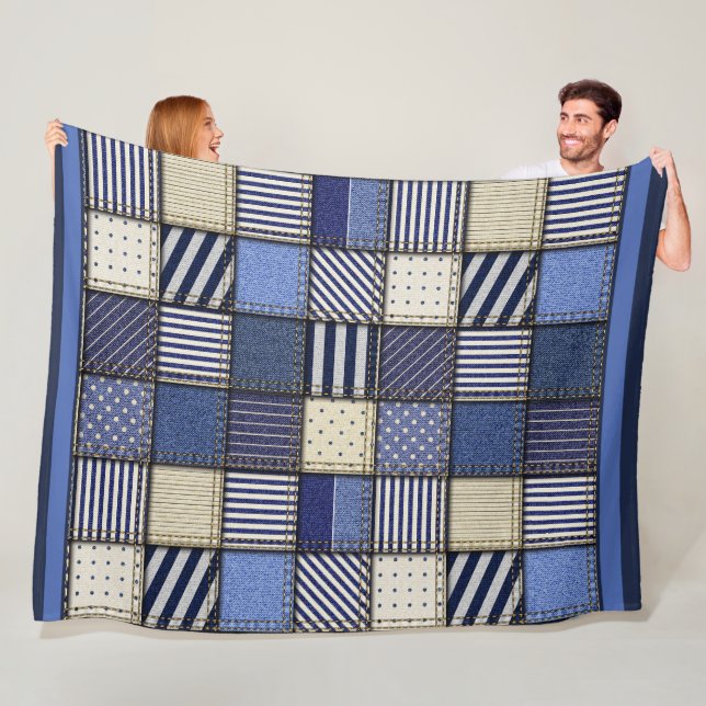 Large Denim Patchwork Image Fleece Blanket (In Situ)