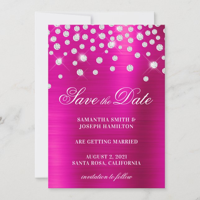 Large Diamond Confetti Pink Fuchsia Ombre Foil Save The Date (Front)