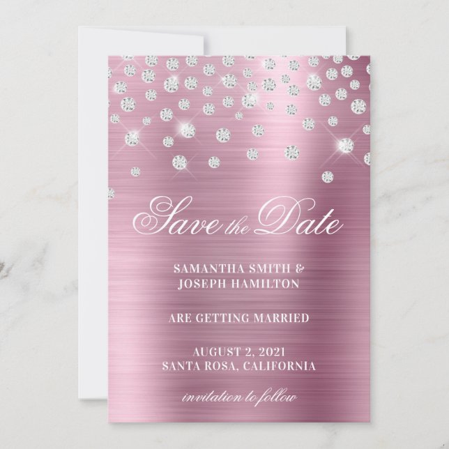 Large Diamond Confetti Pink Ombre Foil Save The Date (Front)