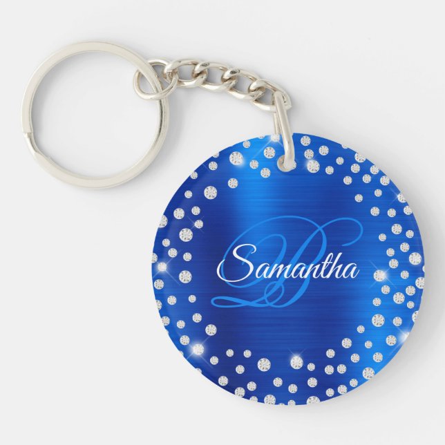 Large Diamond Confetti Royal Blue Foil Monogram Key Ring (Front)
