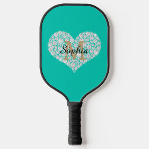 Large Diamond Heart, Gold Monogram, Name, Teal Pickleball Paddle