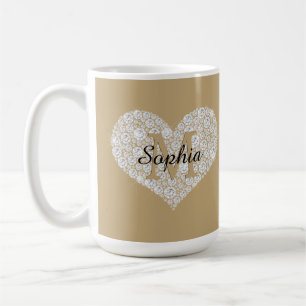 Large Diamond Heart, Gold Monogram, Script Name Coffee Mug