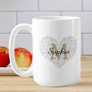 Large Diamond Heart, Gold Monogram, Script Name Coffee Mug