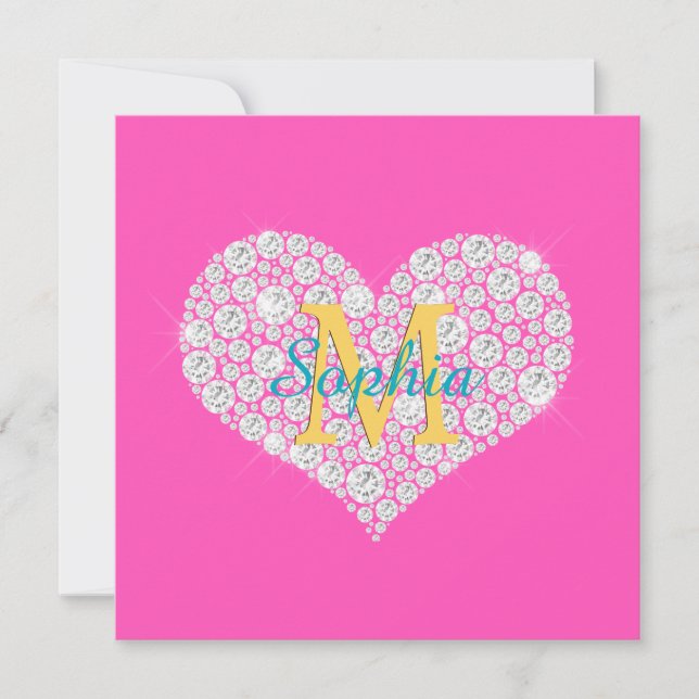 Large Diamond Heart, Gold Monogram, Script Name Invitation (Front)