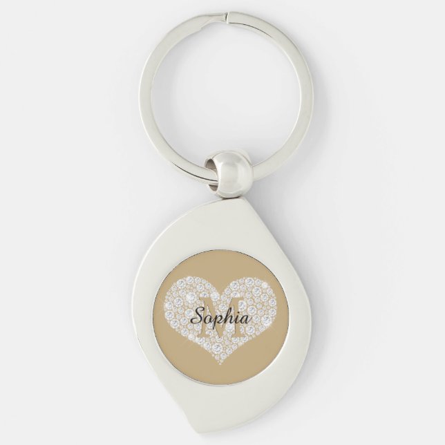 Large Diamond Heart, Gold Monogram, Script Name Key Ring (Front)