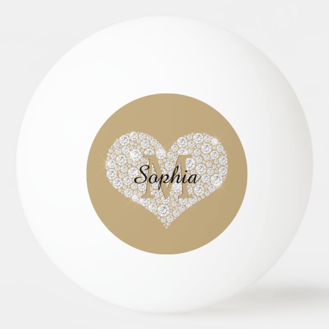 Large Diamond Heart, Gold Monogram, Script Name Ping Pong Ball (Front)