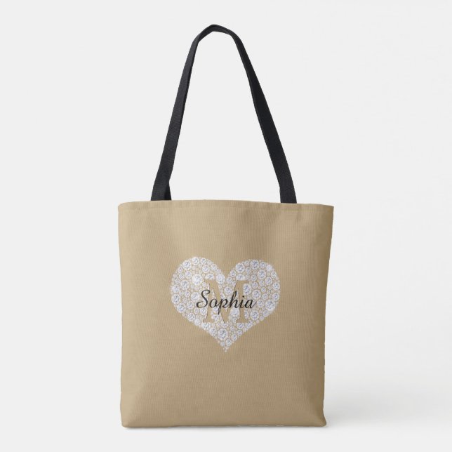 Large Diamond Heart, Gold Monogram, Script Name Tote Bag (Back)