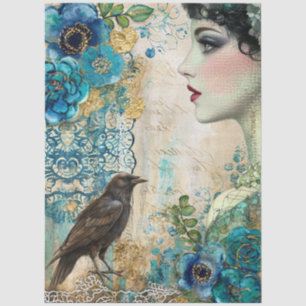 Large Distressed Teal Blue Gold Florals & Raven Tissue Paper