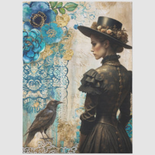 Large Distressed Teal Blue Gold Florals & Raven Tissue Paper