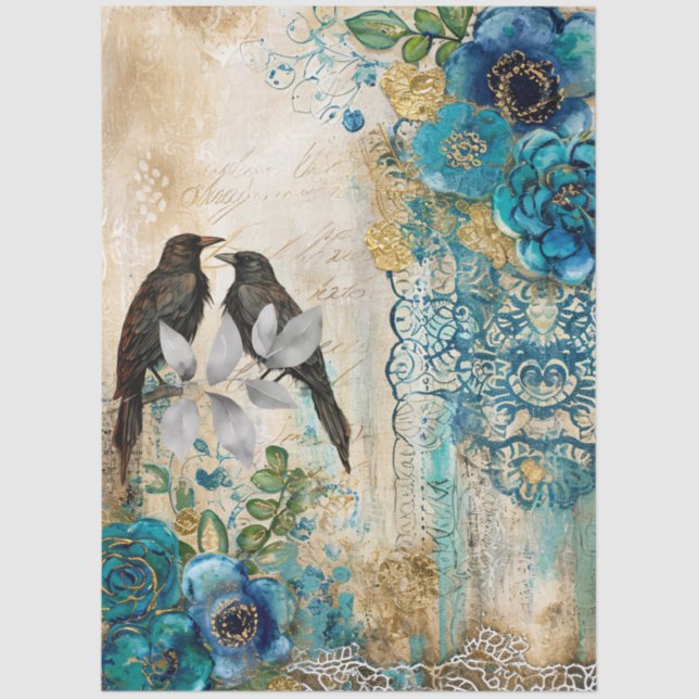 Large Distressed Teal Blue Gold Florals & Ravens Tissue Paper (Front)