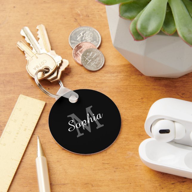 Large Dk Grey Monogram, White Script Name, Black Key Ring (Desk)