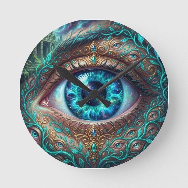 Large Electric Blue Eye In Fantasy Scene Round Clock (Front)