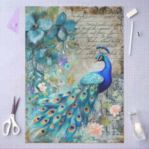 Large Elegant Peacock, Florals & Script Decoupage Tissue Paper