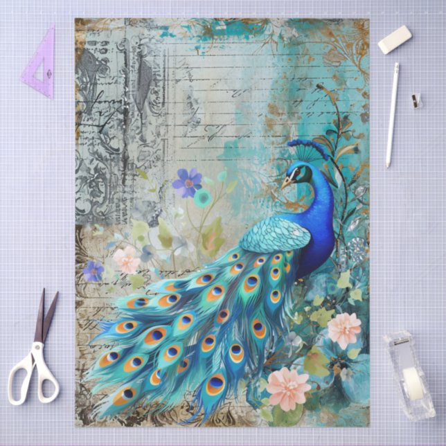 Large Elegant Peacock, Florals & Script Decoupage Tissue Paper (Craft)