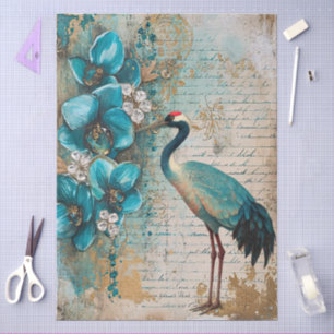 Large Elegant Watercolor Florals & Crane Decoupage Tissue Paper