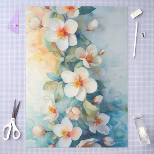 Large Elegant Watercolor Jasmine Decoupage Tissue Paper (Craft)