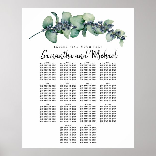 Large Eucalyptus Berry 14-Table Seating Chart (Front)