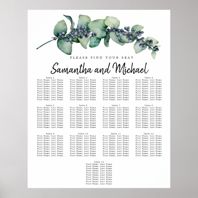 Large Eucalyptus Botanical 13-Table Seating Chart (Front)