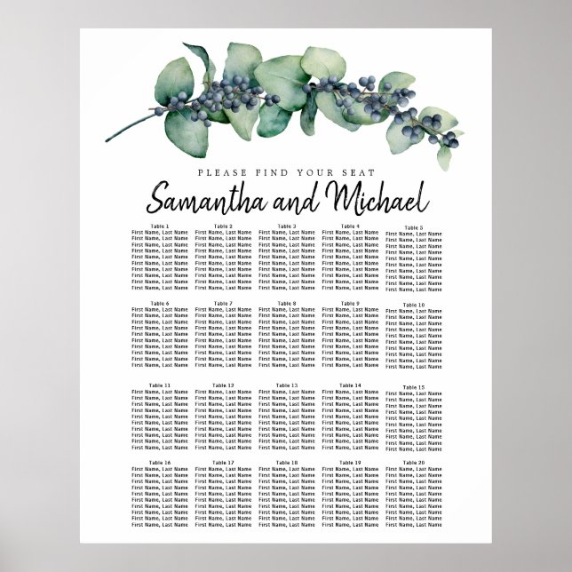 Large Eucalyptus Botanical 20-Table Seating Chart (Front)