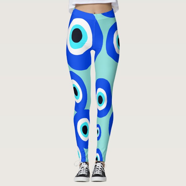 Large Evil Eye Lucky Charm Blue White Patterned Leggings (Front)