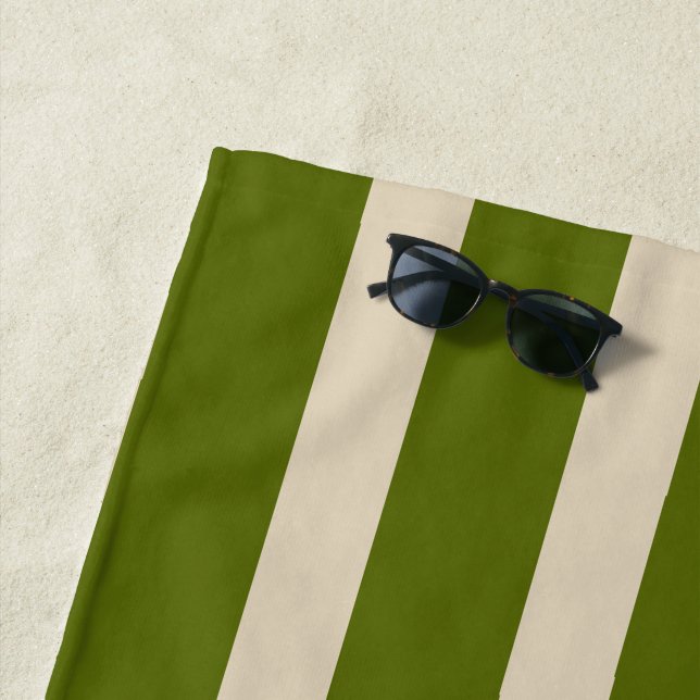 large fashion beige & green stripes monogrammed beach towel (In Situ)