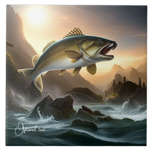 Large Fish Leaping in Rapids Ceramic Tile