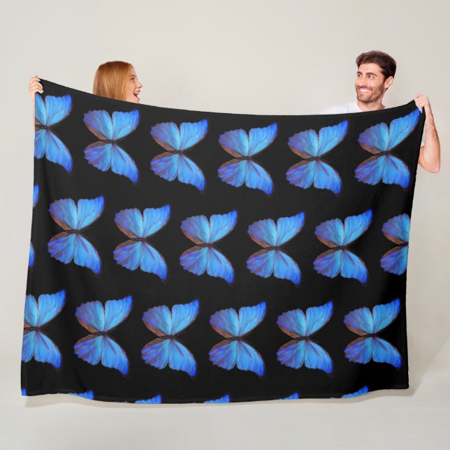 Large Fleece Blanket Blue Butterflies/Black (In Situ)