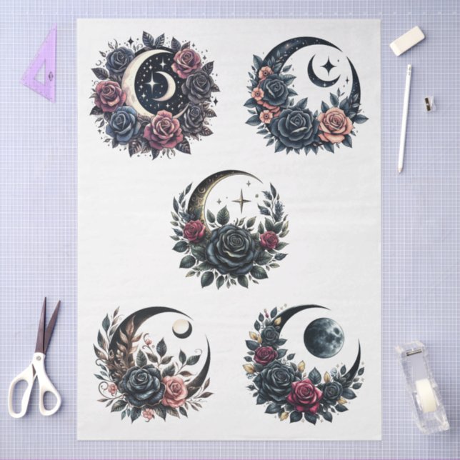 Large Floral Goth Crescent Moons & Roses Decoupage Tissue Paper (Craft)