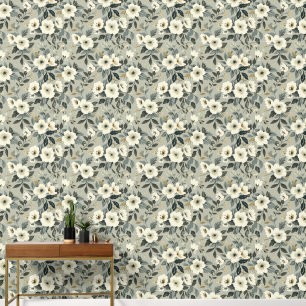 Large Floral Green White and Grey Wallpaper
