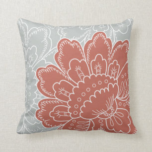 Large Floral Motif Pillow in Silver and Brick Red
