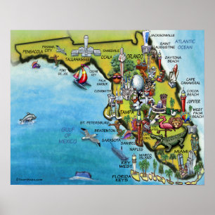 Large Florida Cartoon Map Poster