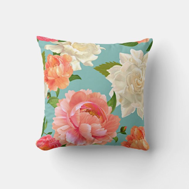 Large Flowers on Blue Vintage Country Cushion (Front)
