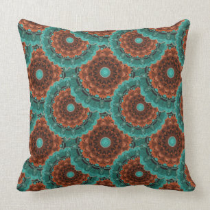 Large Flowery Teal Brown Orange Pattern Cushion