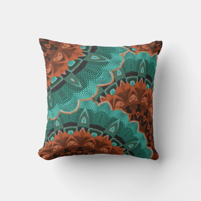 Large Flowery Teal Brown Orange Pattern Cushion (Front)