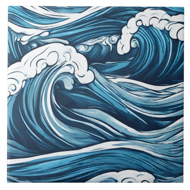 Large Foamy Blue Ocean, Sea Waves Abstract  Ceramic Tile (Front)