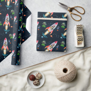 Large Four with Photos   4th Birthday Space Rocket Wrapping Paper