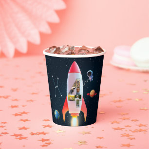Large Four with Photos   Space Rocket 4th Birthday Paper Cups