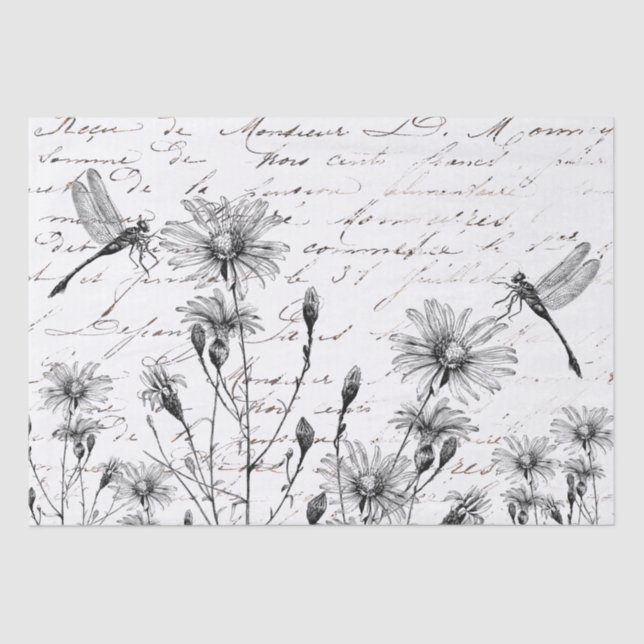 LARGE French Script Wildflower Dragonfly Decoupage Tissue Paper (Front)