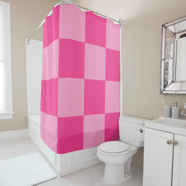 Large Fuchsia Pink Checkers Shower Curtain (In Situ)