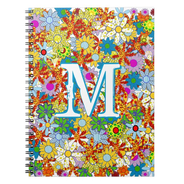 Large Funky Monogram Floral Pattern Bright Colours Notebook (Front)