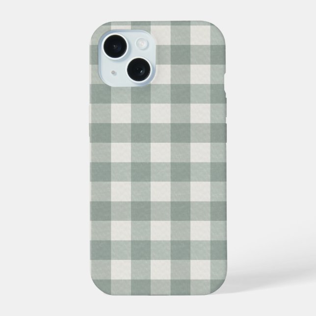 Large gingham checks plaid light sage green iPhone 15 case (Back)